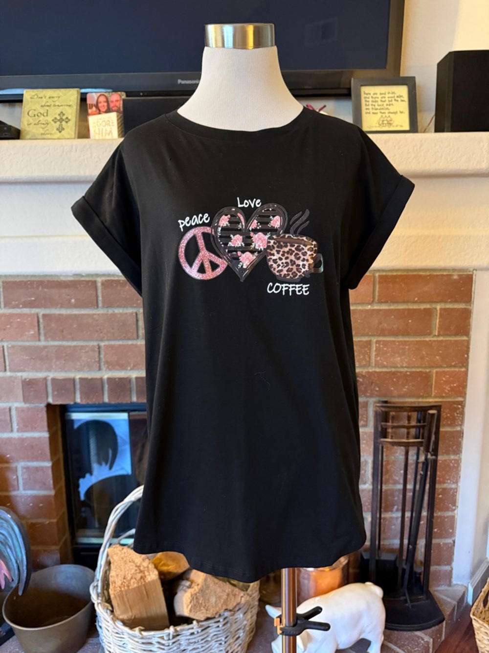 Tabitha Black with Rolled-Up Short Sleeves Graphic Peace, Love and Coffee Tee